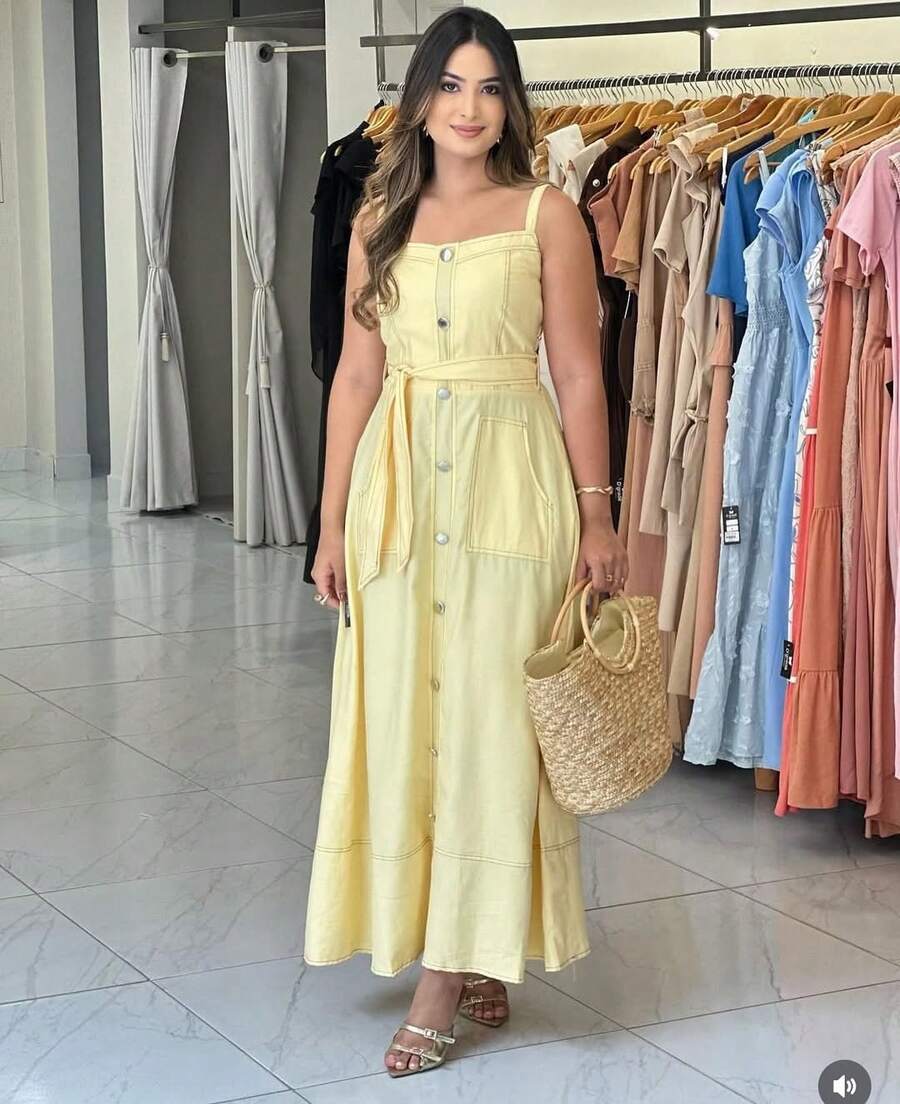 Women's Long Dress With Straps, Buttons, And Tie. - 黃色 - 查看 1