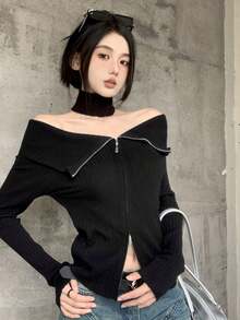 女士拉链开衫（不含围脖） - 黑色 - 查看 6