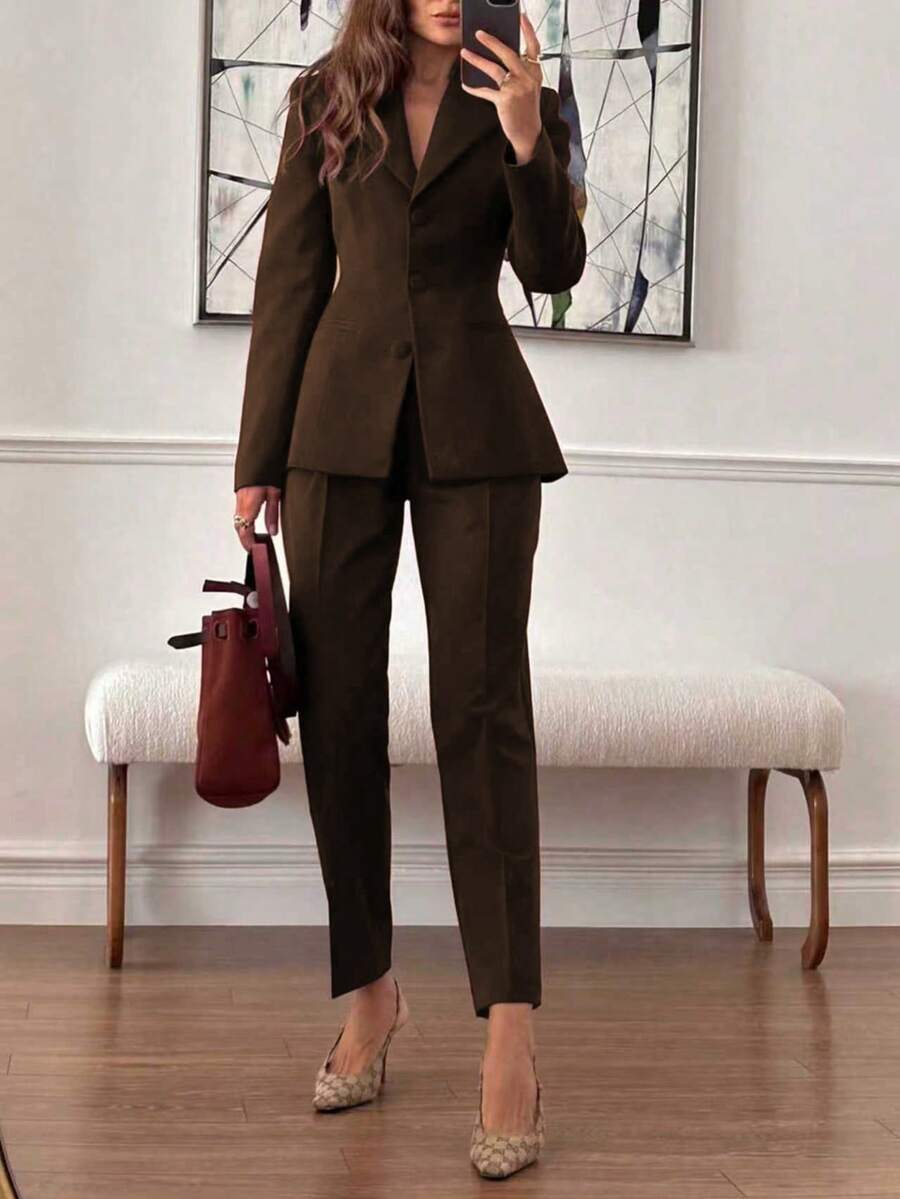 2pcs/Set Elegant Basic Fitted Long Sleeve Blazer Jacket + Tapered 7/8 Length Suit Pants, Suitable For Business/Commute - Brown - View 1
