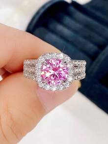 1pc Women's Ring Inlaid With Cubic Zirconia, Suitable For Wedding Anniversary, Party, Valentine's Day And Other Occasions - Pink - View 5