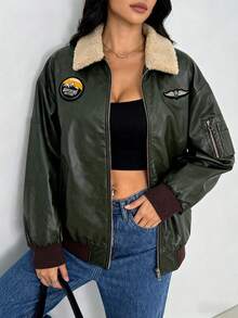 Long Sleeve Regular Fit Bomber Jacket For Women Casual PU Leather Outerwear With Sherpa Collar - 軍綠色 - 查看 2