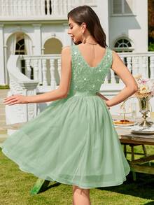 MIUSOL 深V领亮片蕾丝撞色网纱荷叶边下摆鸡尾酒礼服，夏季女装，闪亮正式礼服，适合生日派对、毕业典礼、晚宴及其他场合，如婚礼 - 薄荷綠 - 查看 3