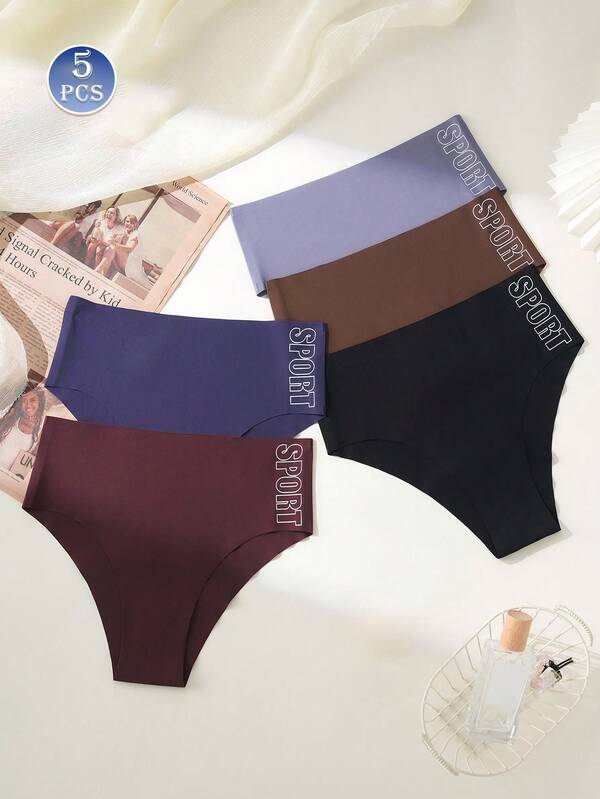 5Pcs Women Seamless Underwear Women's Mid-Rise Briefs Soft & Comfortable Athletic Underwear With Stylish "SPORT" Letter Print