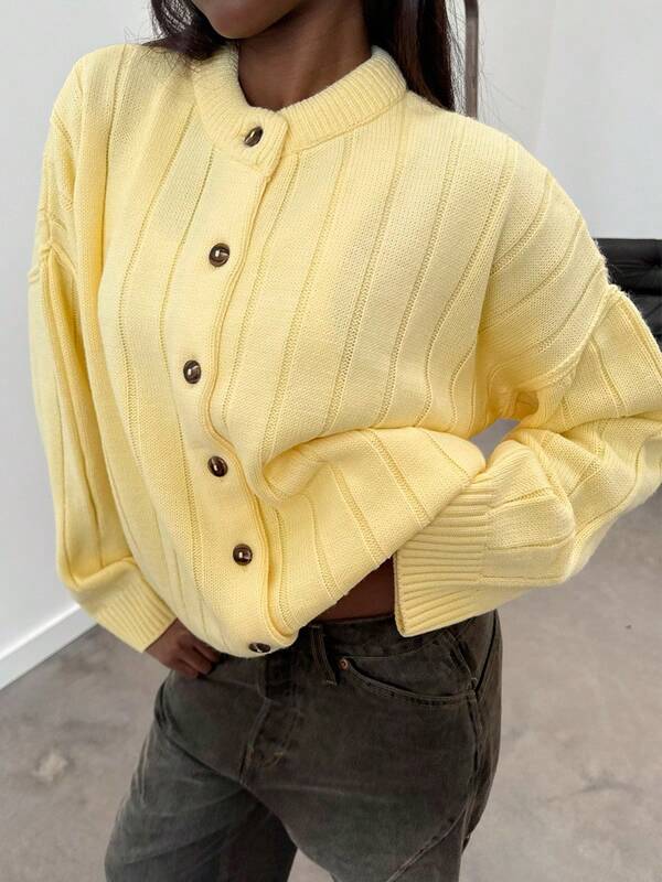 Modischer Lässig Cardigan für Frauen mit langen Ärmeln, elegante gelbe verzierte gerippte gestrickte Jacke Bluse für Herbst und Winter, Strickjacke für den täglichen Gebrauch