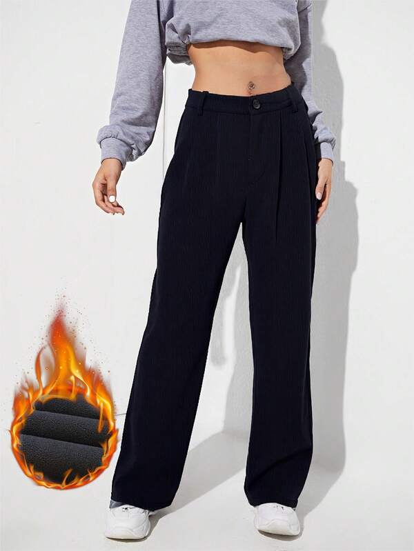 1 قطعة بنطلون مبطن بسحاب دافئ ذو لون أحادي، مناسب للمكتب والمواعدة والسفر والعطلات في فصل الشتاء