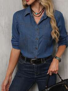 Women Fashion Casual Elegant Denim Button Down Long Sleeve Shirt With Shirt Collar - 藏蓝色 - 查看 10