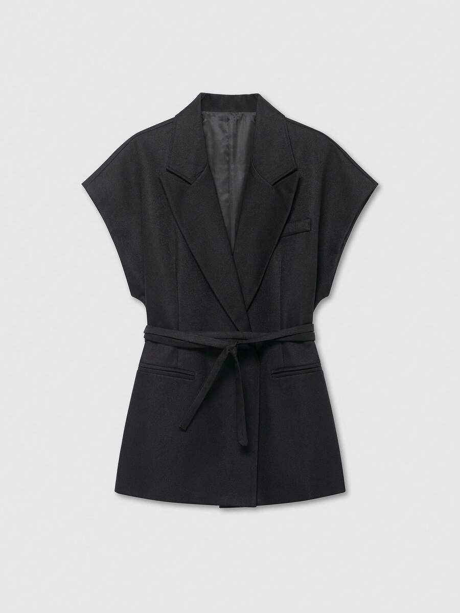 Women's Solid Color Lapel Neck Tie-Front Blended Loose Fit Jacket Black - Black - View 1