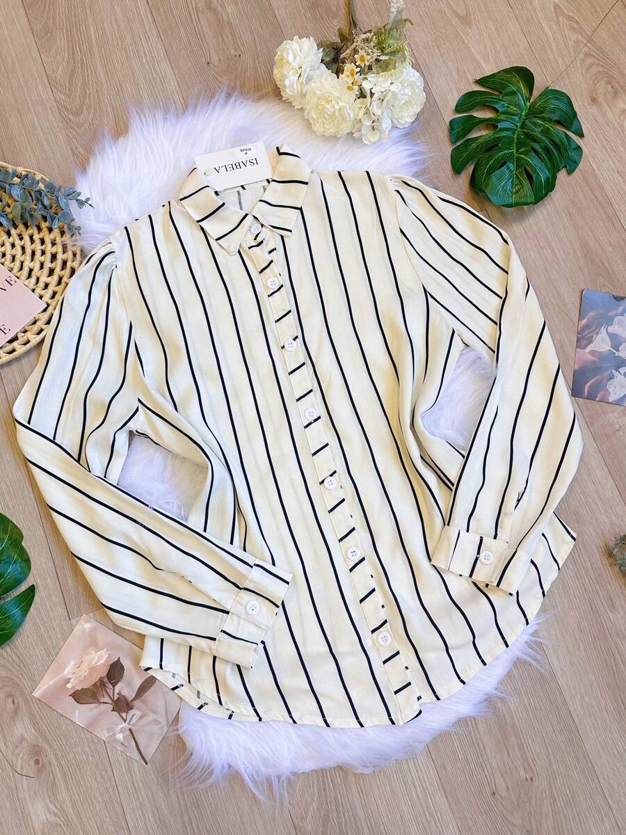 Women's Casual Striped Button-Down Shirt SP028 - 黑色 - 查看 1