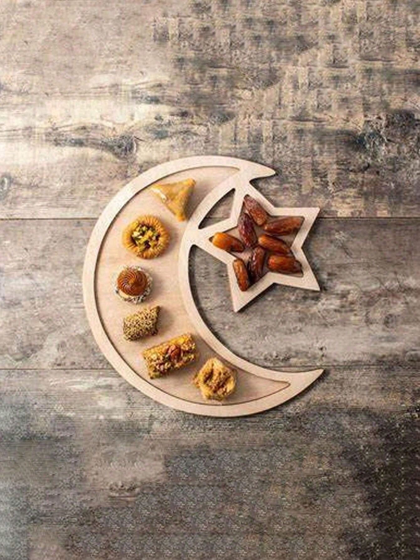 1 صينية خشبية بشكل نجمة وهلال، مناسبة لديكور التجم...