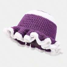 1 件纯色手工编织钩针帽,波西米亚风格褶皱软边帽,带褶边,休闲可爱复古街头时尚涤纶针织渔夫帽 - 彩色 - 查看 35