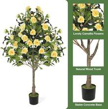 4FT Artificial Camellia Flowers Tree, Fake Plant Plastic Potted With Faux Greenery Leaves Outdoor Indoor Home Decor For Livingroom Garden Patio Yard Office - 黃色 - 查看 7