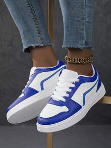 女士休闲运动鞋，时尚小白鞋，街头风格滑板鞋，轻便 - 藍白色 - 查看 4