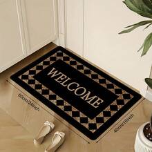 1pc "WELCOME" Plaid Doormat - Non-Slip Polyester, Lightweight, Black & Golden Check Pattern, Perfect For Home Decor, Entryway Welcome Mat|Check Pattern Mat|Polyester Fiber Mat, Welcome Mat - 彩色 - 查看 3