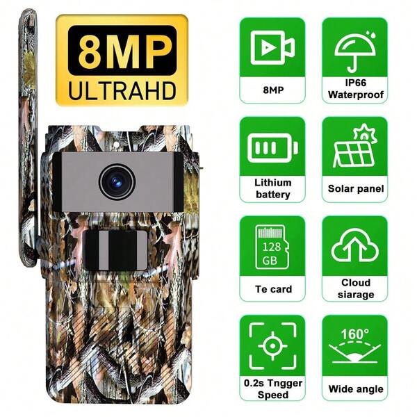 4K Hochauflösende 4G Solar Kamera IP66 Outdoor wasserdichte Überwachungskamera mit PIR Bewegungserkennung, Farbwiedergabe bei Nacht, Zwei-Wege-Sprachfunktion, energiesparende Jagdsicherheitskamera