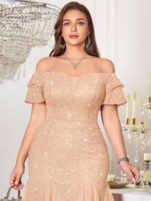 Plus Size Off-Shoulder Ruffle Sleeve Sequin Floral Lace Contrast Mesh Ruffle Hem Evening Long Dress, Wedding Guest Dress, Suitable For Birthday, Graduation Ceremony - Champagne - View 8