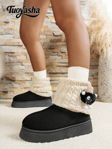 Cute, Warm, Thermal-Lined, Thick-Soled Comfortable Ankle Boots, Fashionable, Faux Thermal Lined, Short Shaft, Slimming, Non-Slip, Outdoor, Knit Sock Liners, Snow Boots, Suitable For Winter