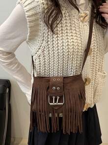 Tas Bahu Dekorasi Rumbai Vintage, Tas Selempang Suede Berkualitas Tinggi - Kopi - View 2