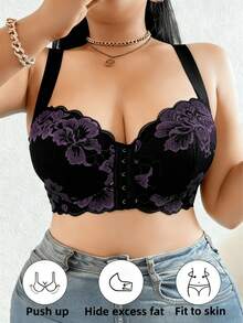 1pc Front Closure Embroidered Plus Size Bra - Random Printed Front Closure Daily Underwear - Black - View 3