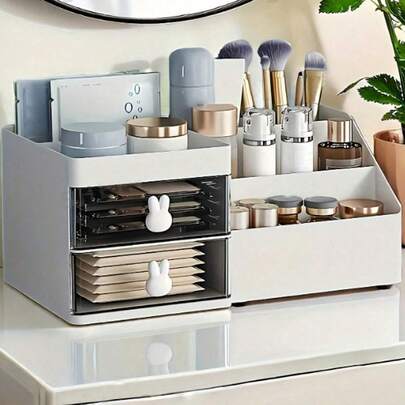 1pc Desktop Cosmetic Jewelry Storage Box With 2 Drawers, Desktop Office Supplies, Desktop Storage Box, Transparent Desktop Accessories, Dust-Proof Drawers, Used To Store Cosmetics, Jewelry, Pens And Stationery. , Makeup Room Decor