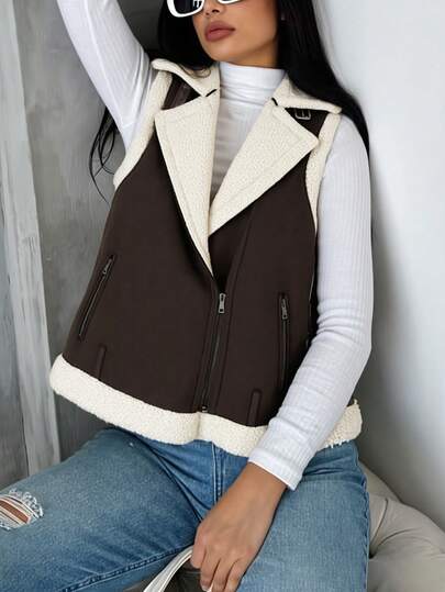 Apperloth A Women's Elegant Fur Vest Jackets Teddy Lined Suede PU Leather Sleeveless With Pockets And Zip-Up Fluffy Casual Warm Suitable For Autumn/Winter Short Coats Daily Commuting Christmas New Year Thanksgiving Outfit