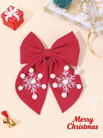 1pc Christmas Snowflake Embroidered Hair Bow For Girls White Ponpom Bow Alligator Clip Red Plain Hair Clip Adorable Christmas Barrettes Cute Sweet Holiday Hairpins Teens Hair Accessory