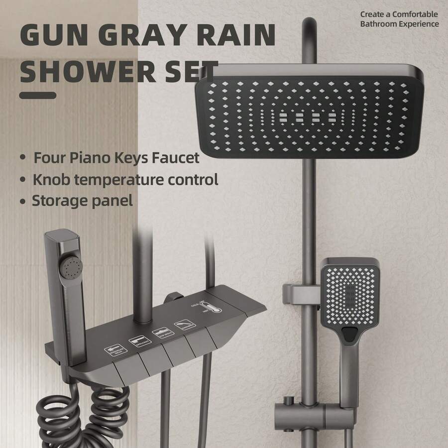 8件套淋浴系统套装，雨淋式花洒 | 钢琴键式淋浴龙头浴室淋浴混合套装，带雨淋式花洒，12英寸高压花洒系统，4种模式手持喷淋壁挂式，灰色浴室配件浴室工具 - 深灰色 - 查看 1