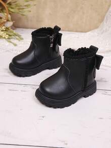 婴儿靴，新款时尚儿童蝴蝶结靴，儿童中帮鞋，女童侧拉链平底踝靴 - 黑色 - 查看 1