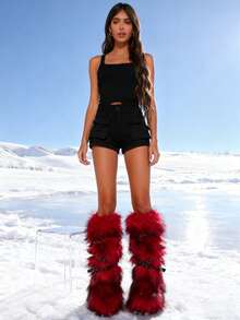 New Winter Warm Plush Artificial Fur Women's Strap Snow Boots - Long Tube Boots With Soft Lining, Comfortable Slide Design, Fashionable Strap Design, Suitable For Outdoor And Indoor Wear In Cold Weather, Neutral Long Ankle Artificial Raccoon Skin Snow Boots - Solid Color Classic, Super Smooth Fur Touch, Perfect Choice For Christmas And Halloween, Y2K Style! Y2K Fashion Men's And Women's Snow Boots - Made Of Synthetic Washed Bear Skin, Silky Ground Touching Fur, Classic Solid Color Tones, Ideal For Christmas And Halloween! Long Unisex Synthetic Raccoon Skin Snow Boots - Solid Color Classic, Super Smooth Fur Landing, Essential For Christmas And Halloween, Edgy Y2K Vibe! Christmas And Halloween Must-Have Fake Washed Bear Skin Snow Boots (Suitable For Both Men And Women) - Solid Color Classic Tone, Smooth Fur Touching The Ground, Fashionable Y2K Appearance! Y2K Men's And Women's Long Boots Snow Boots - Super Smooth Floor Leather, Perfect For Christmas And Halloween Celebrations! - 紅色 - 查看 5