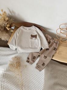 2pcs/Set Infant/Toddler Unisex Casual Bear Embroidered Long Sleeve Sweatshirt And Bear Print Long Pants Set, Spring/Autumn - Khaki - View 3
