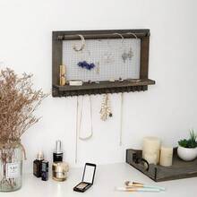 Canwedance Rustic Wood Jewelry Organizer Wooden Wall Mounted Jewelry Holder With Shelf,16 Hooks And 1 Pole,Display Earrings,, Bracelets, And Many Other Accessories (Rock Gray)2025 - Rock Gray - View 5