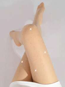 1 Stück Damen transparente glänzende Strumpfhose mit Sternrhinestone-Verzierungen, beige & kaffee, körperbetont, Frühling/Sommer