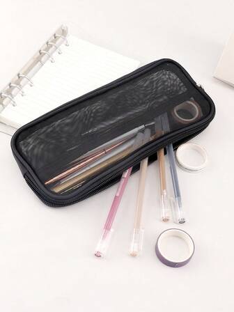 1pc Polyester Pencil Case With Inner Compartments, Black Mesh See-Through Design, Solid Color, Large Capacity, Portable, Versatile, Can Be Used As A Makeup Bag, Home Travel Storage Bag, Artist Colored Pencil Storage Bag, School Supplies, Office Supplies. Back To School , Valentine's Day, Halloween, Christmas, Thanksgiving, Birthday, Homecoming Season Gifts, St. Nicholas Day, Three Kings' Day, Merry Christmas, 1 Pencil Case.