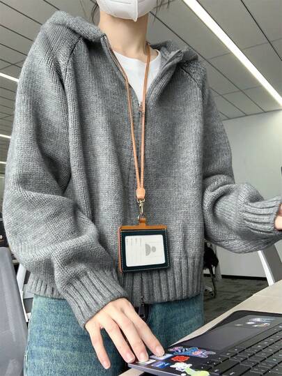 เสื้อสเวตเตอร์มีฮู้ดแบบซิปคู่สีเทาสำหรับผู้หญิง, เสื้อแจ็คเก็ตถักหลวมหนาสไตล์วินเทจสำหรับฤดูใบไม้ร่วง/ฤดูหนาว, เสื้ออบอุ่นสำหรับคริสต์มาส & ปีใหม่