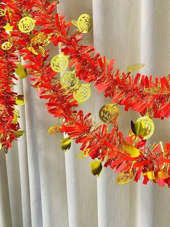 2pcs Festive New Year Tinsel Garland, Vibrant Red And Gold Tinsel Garland With Good Luck Charms, Plastic, No Electricity Required - Perfect For New Year Home, Door, Wall And Plant Decorations To Enhance New Year's Festive Atmosphere