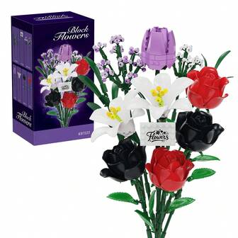 12件套人造玫瑰花束积木套装，装饰花卉摆设，适用于家庭、办公室、桌面、婚礼、情人节、圣诞节等场合，送给女性、妻子的礼物