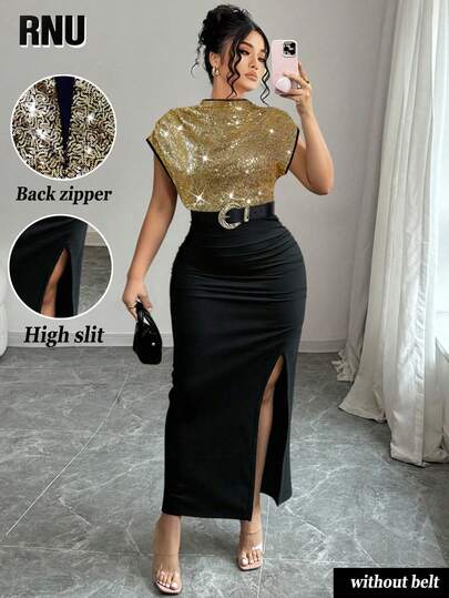 RNU Vestido sin mangas de mujer talla grande RNU con diseño de cintura con cremallera, manga raglán, tela de punto con parches de tela bordada con lentejuelas, alta elasticidad, abertura trasera, nuevo diseño de moda versátil para otoño/invierno, ideal para fiestas, citas, Navidad, Año Nuevo y cumpleaños