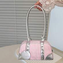 Bolso Boston versátil para mujer, estilo axila, con contraste de colores, informal, de gran capacidad, para el hombro, ideal para el día a día. - Rosa - Ver 4