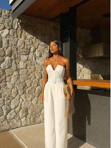 Women's Tailored Strapless Jumpsuit With V-Neck And Belt - White - View 2
