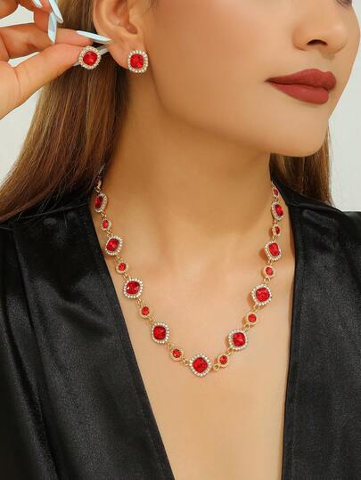 3pcs/Set Red Glass Crystal Elegant Women Earrings, Necklace Jewelry Set, Daily Wear