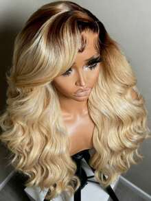 Ombre Brown Roots Blonde Lace Front Wigs Human Hair For Women Brazilian Virgin 250% Density Body Wave Wig Human Hair Free Parting 13x4 Hd Transparent Water Wave Human Hair Wig Glueless Wigs Pre Plucked Bleached Knots With Baby Hair - 根染&漸變色 - 查看 3