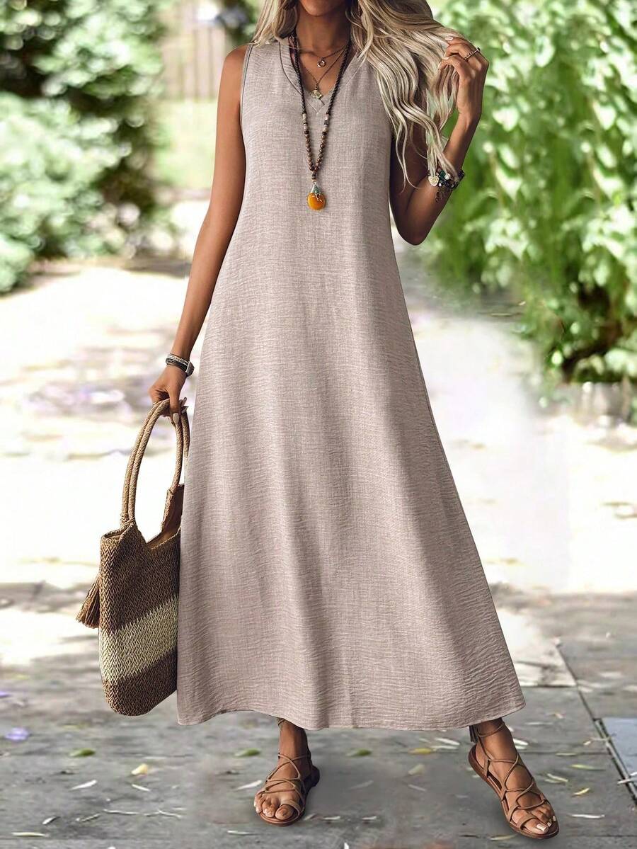 Simple Long Sleeveless V-Neck Dress With Vest, Retro Summer Sleeveless Loose Dresses - Baby Pink - View 1