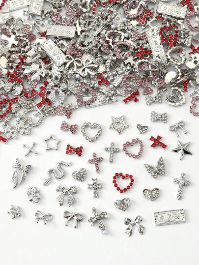 20 pezzi Decorazioni e gemme per unghie, colore grigio chiaro, per nail art, design con fiocchi metallici, ciliegie, farfalle, croci, cuori