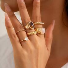 6pcs/Set French Minimalist Design Metal Vintage Ring Set, Suitable For Parties, Gifts, And Daily Wear - Vàng - Xem 3