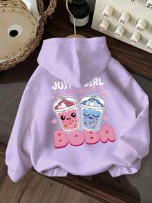 Oversized Smiling Drink Print Hooded Sweatshirt For Teenage Girls - Mauve Purple - View 8