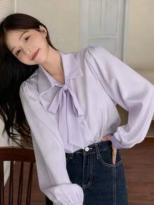 纯色系带领休闲长袖衬衫上衣 - 紫色 - 查看 3