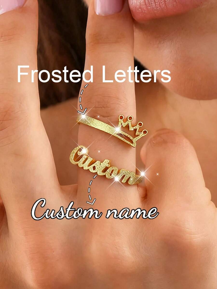 定制名字戒指，个性化珠宝，不锈钢金/银可调节戒指，情侣礼物 - 金色戒指款10-磨砂 - View 1