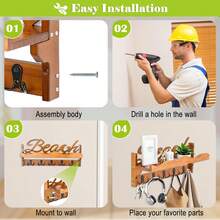 Wall Mount Coat Rack With Shelf - 42cm 5 Dual Hooks Beach Theme |   Entryway Bathroom Storage - Brown - View 7