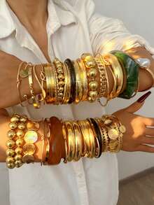 Vintage Elegant Retro Coin Design 1-25pcs/Set Metal Geometric Asymmetrical Hollow Line Wrapped Flower Carved Textured Wide Bangle Bracelet, Exaggerated Hiphop High-End Jewelry For Women Men Couples, Ideal For Vacation, Party, Date, Holiday Gift, Daily Matching, Halloween, Christmas, New Year (Random Style) - Multicolor - View 15