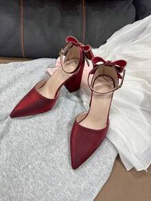 Teens' Pointed Toe Chunky Heel Cute Bow Rhinestone Decor Flats, Fashionable For All Occasions, Elegant Gift For Girls - 紅色 - 查看 9
