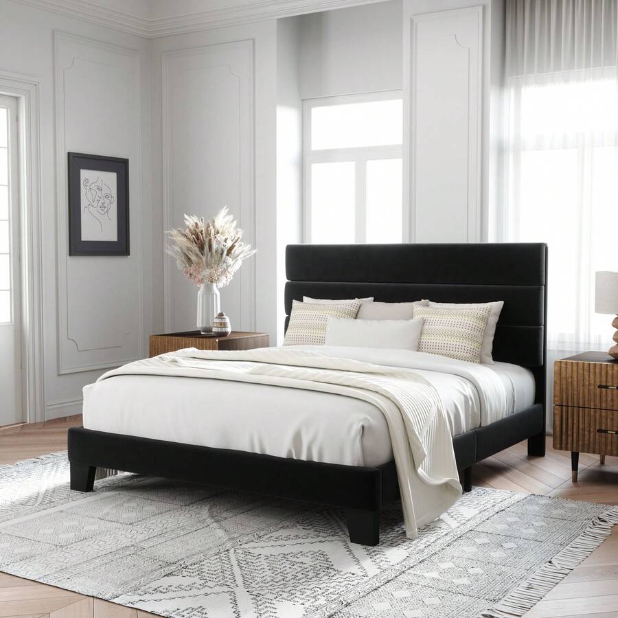 Allewie FULL/Queen/King Size Platform Bed Frame With Velvet Upholstered Headboard And Wooden Slats Support, Fully Upholstered Mattress Foundation/No Box Spring Needed/Easy Assembly, Black - 黑色 - 查看 1
